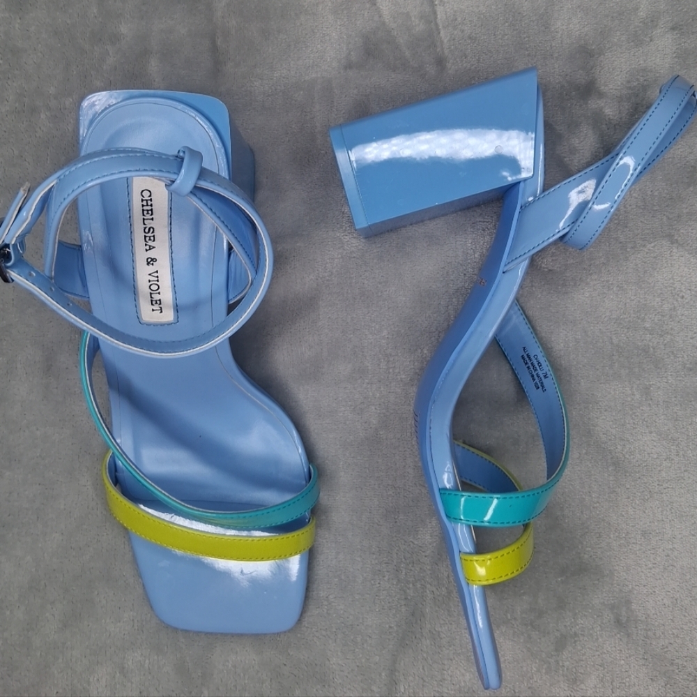 Chelsea & Violet Light Blue Heeled Sandals with Teal and Lime Straps